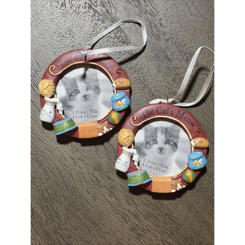 (2) Hallmark Resin THE CAT'S MEOW Picture Frames 2011 Christmas Ornament 2 7/8"